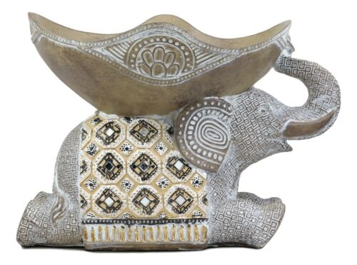 Ebros Gold Mosaic Design Elephant Laying Down W/ Trunk Up Holding Bowl Decor