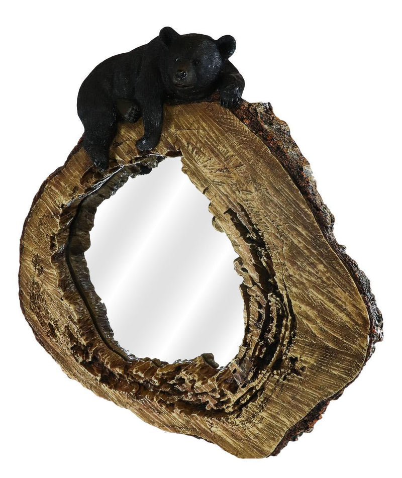 Western Rustic Forest Black Bear Sleeping On Tree Trunk Wall Mirror Decor Plaque