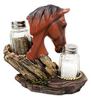 Ebros Chestnut Horse by Wagon Wheel Salt Pepper Shakers Holder Set 6.25" H