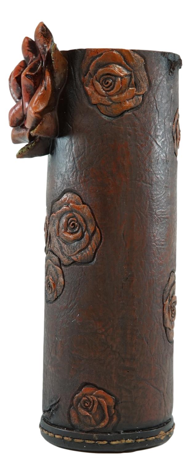 Vintage Western Blooming Floral Red Roses Faux Tooled Leather Flower Tube Vase