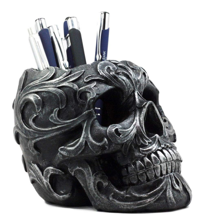 Ebros Gift Tribal Tattoo Floral Skull Pen Holder Figurine 5.75"L Office Decor
