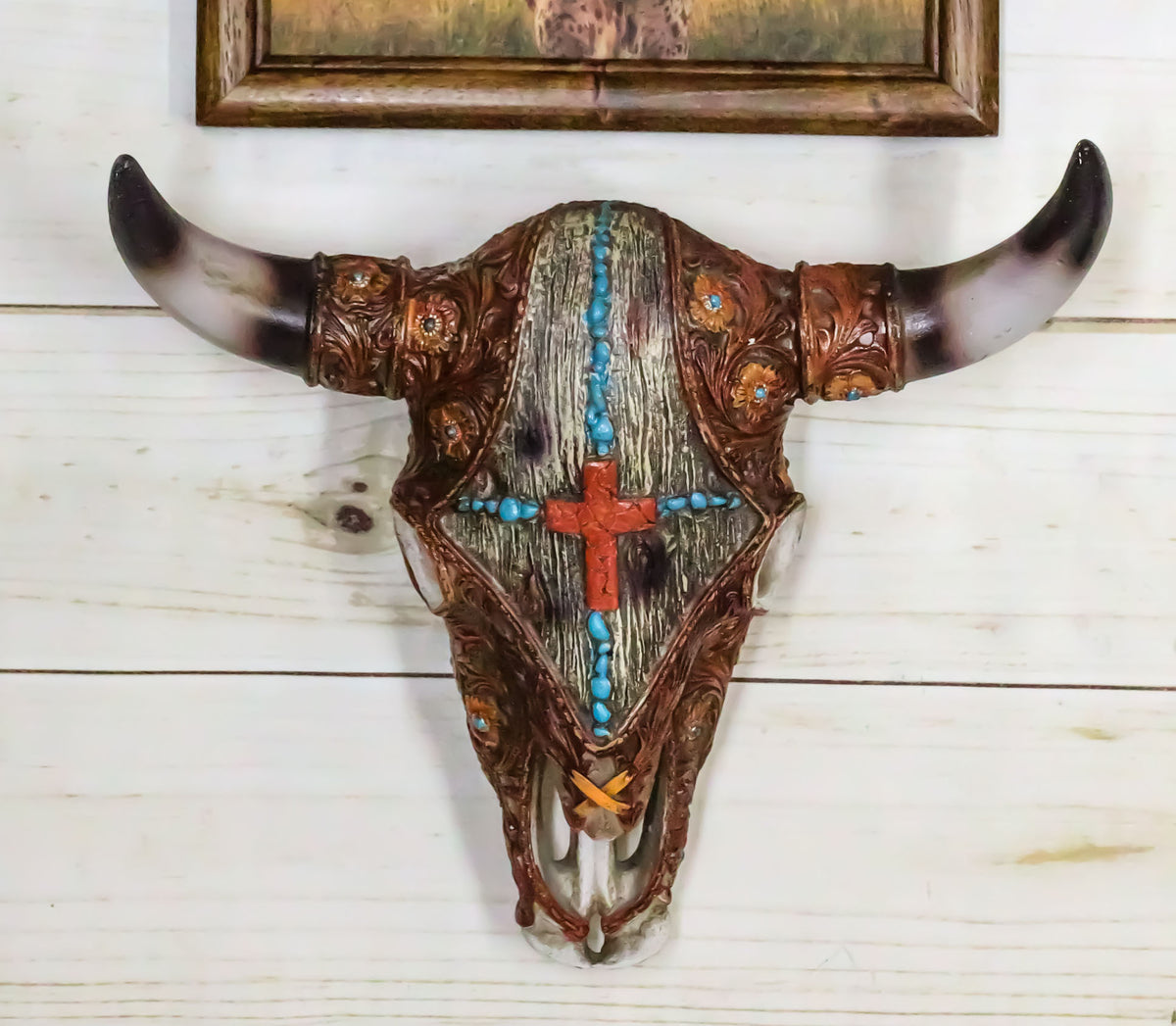 Western Turquoise Red Gems Cross Faux Leather And Wood Look Cow Skull Wall Decor