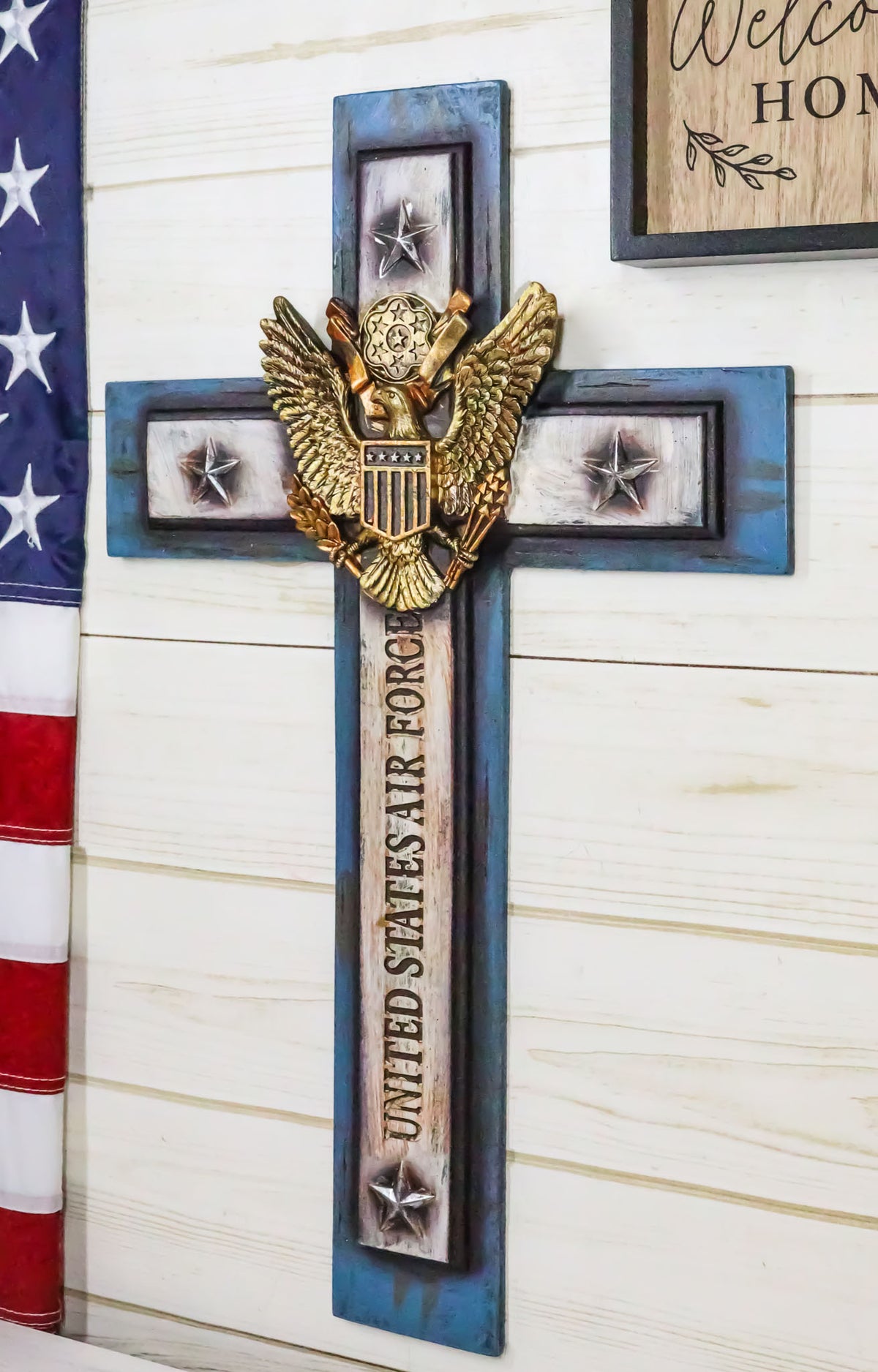 Large Western USA Air Force Patriotic Bald Eagle Emblem Blue Memorial Wall Cross