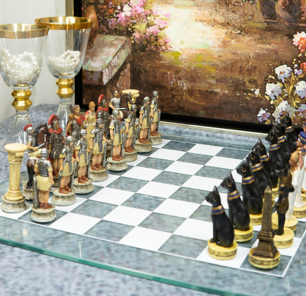 Ebros Pharaoh Egyptian VS Caesar Roman Empire Resin Chess Pieces W/ Glass Board - Ebros Gift