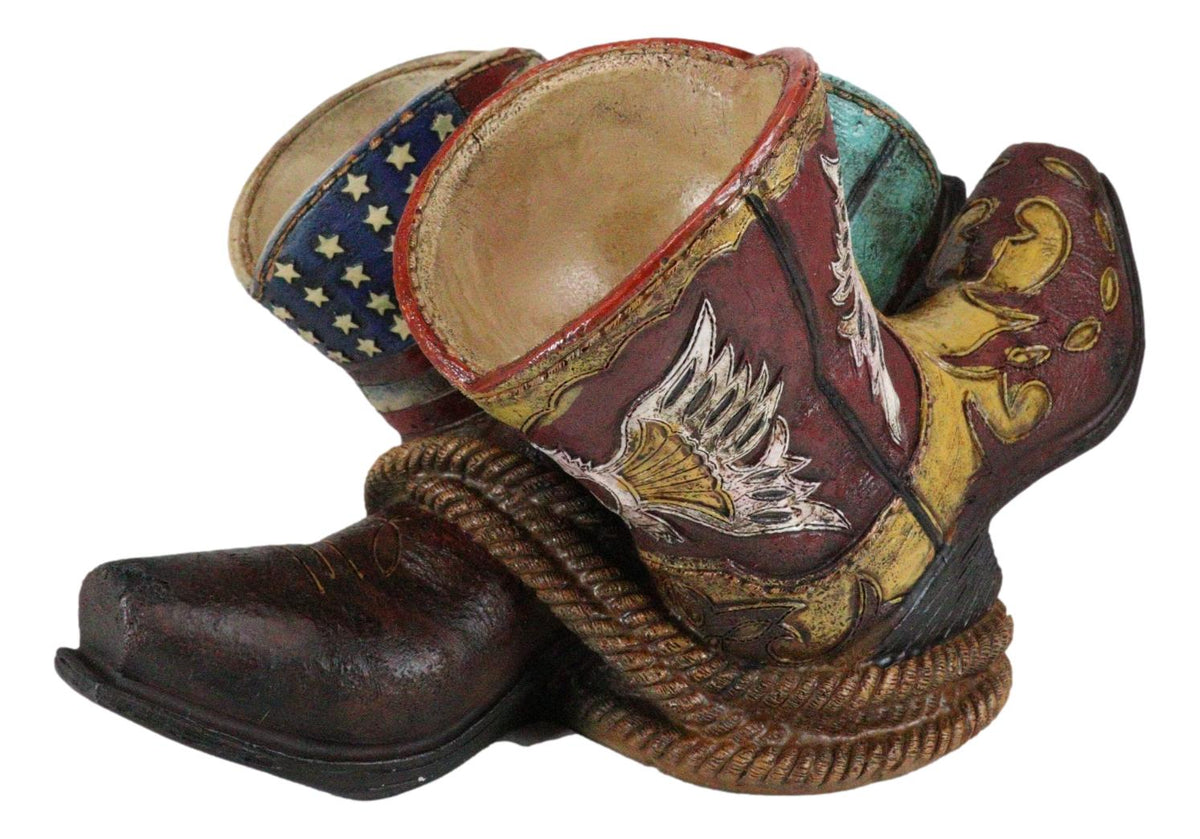 Western Patriotic American Flag Faux Tooled Leather Boots 3 Bottles Wine Holder