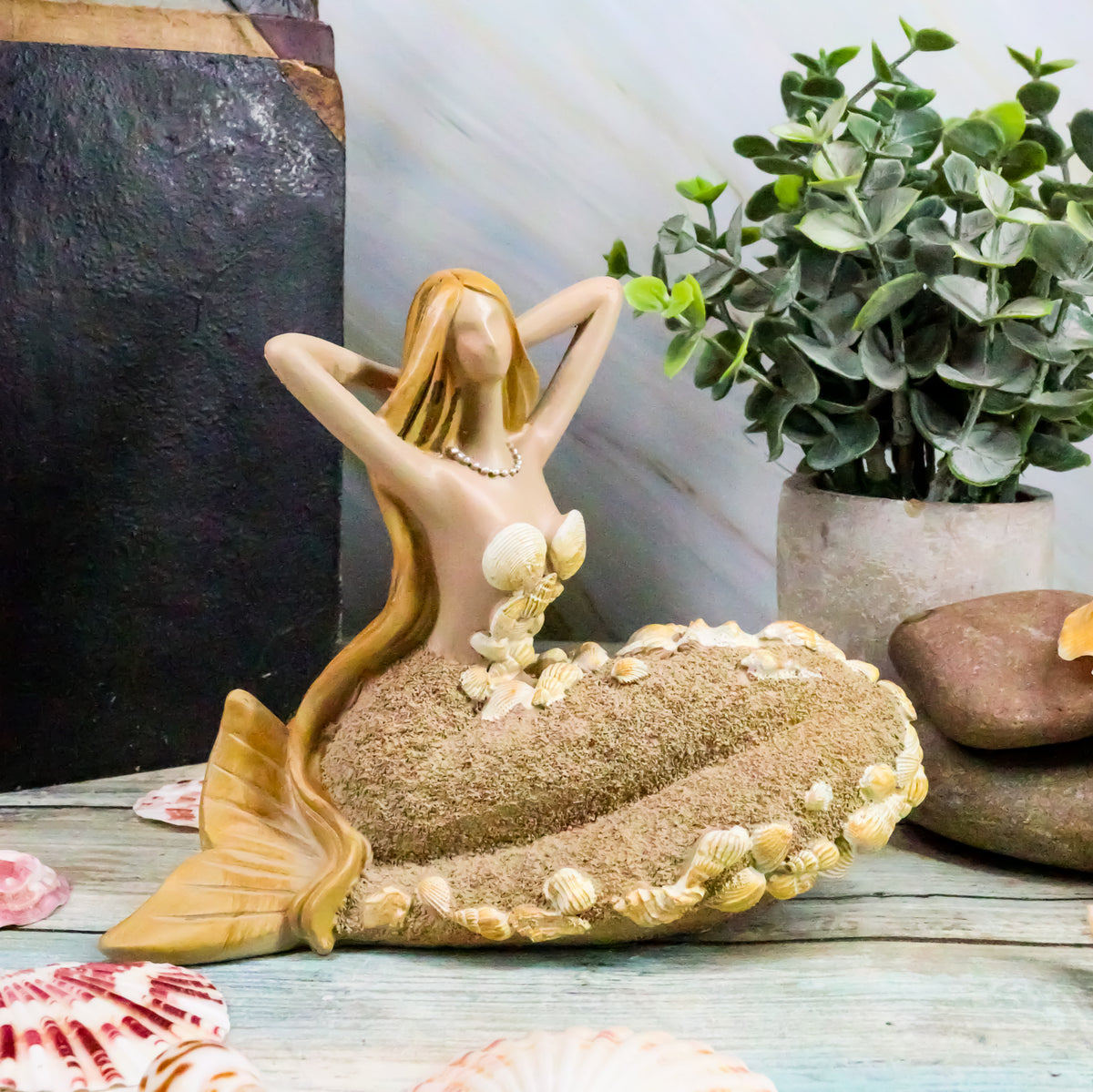 Ebros Nautical Sand Brown Abstract Mermaid With Sea Shell Ornaments Figurine