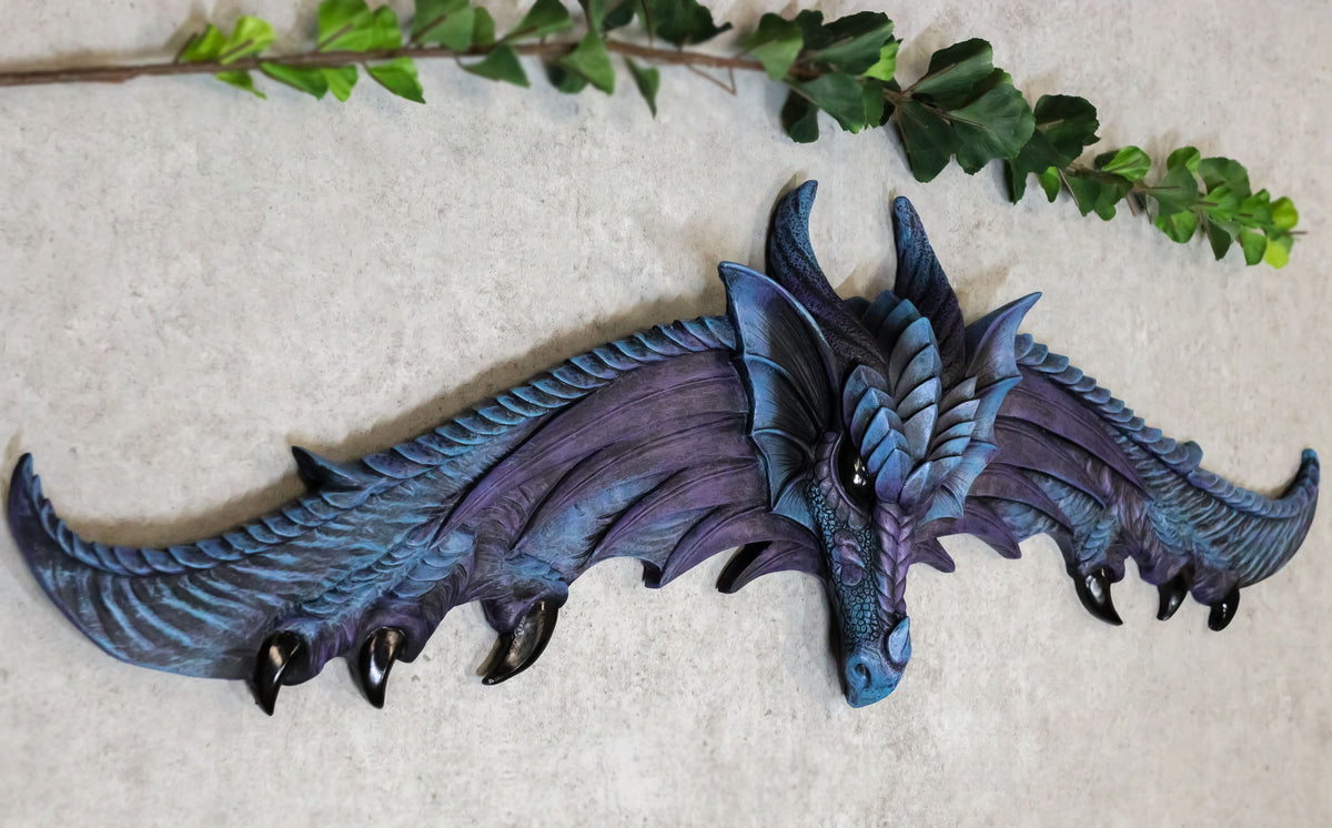 Ebros Large 34.25"Wide Medieval Fantasy Midnight Blue Blood Overwatch Dragon With Open Wings Wall Decor Plaque Entrance Overdoor Pediment Door Hanger Dragons And Dungeons Halloween Wall Art Decorative - Ebros Gift
