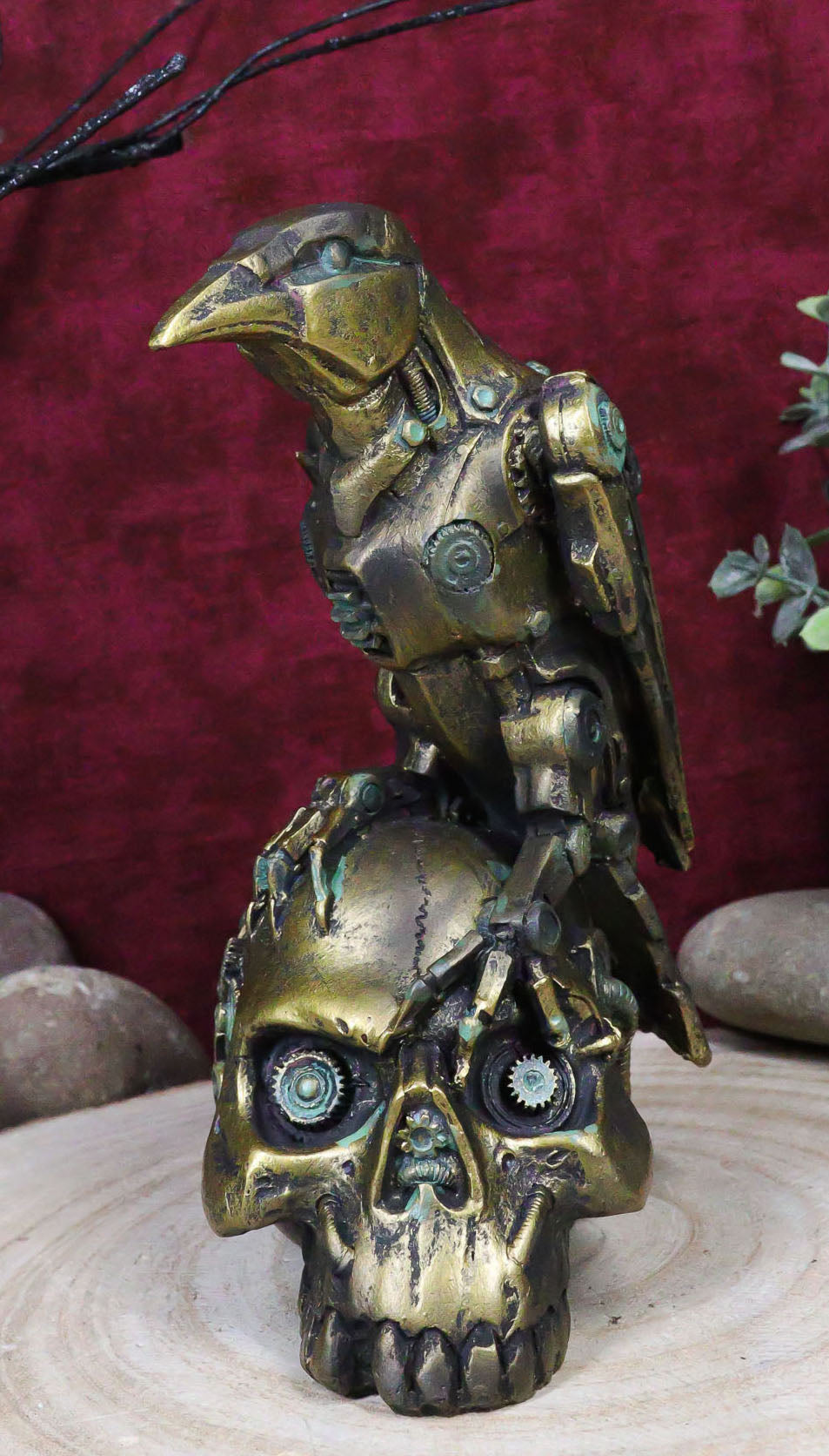 Ebros Steampunk Cyborg Scavenger Crow Raven On Rusted Robotic Skull Statue Decor
