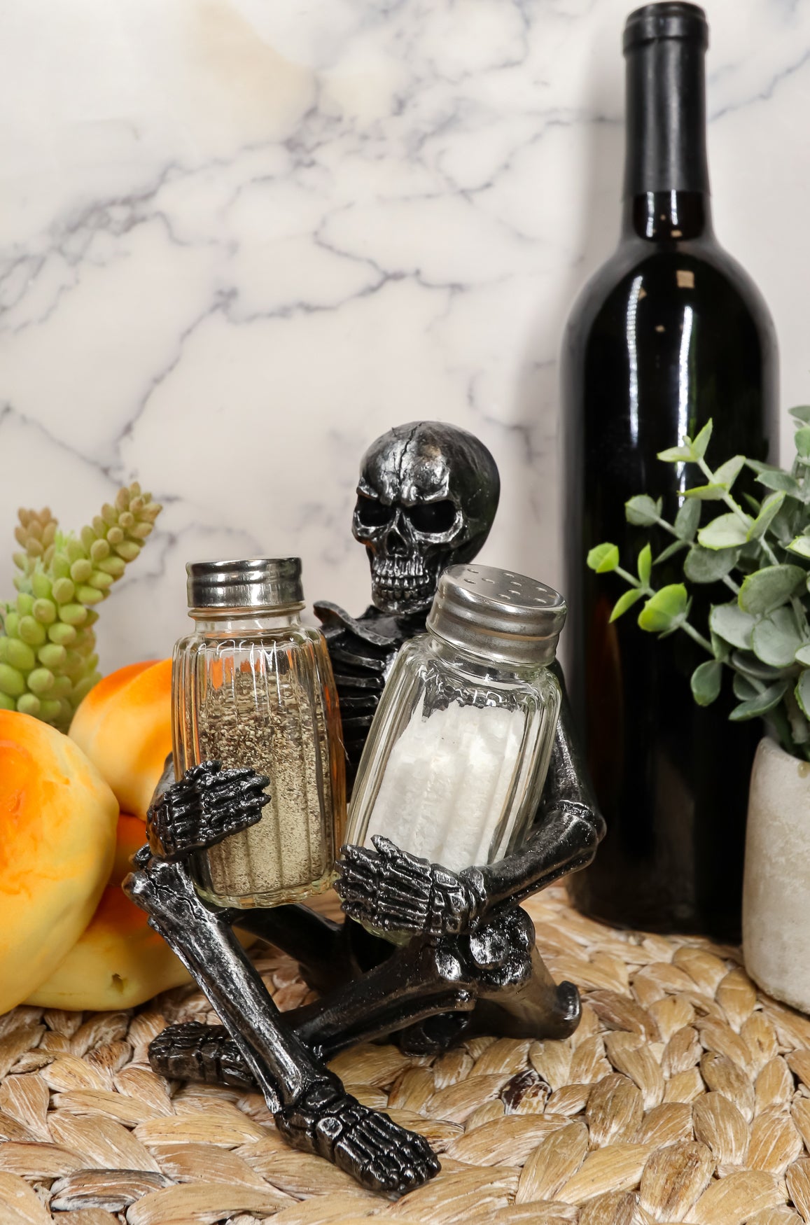 Ebros Gothic Sitting Skeleton Salt And Pepper Shakers Holder Figurine Set 6.25"H - Ebros Gift