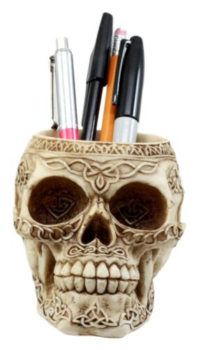 Day Of The Dead Celtic Tribal Tattoo Skull Pen Stationery Holder Figurine 4.5"L