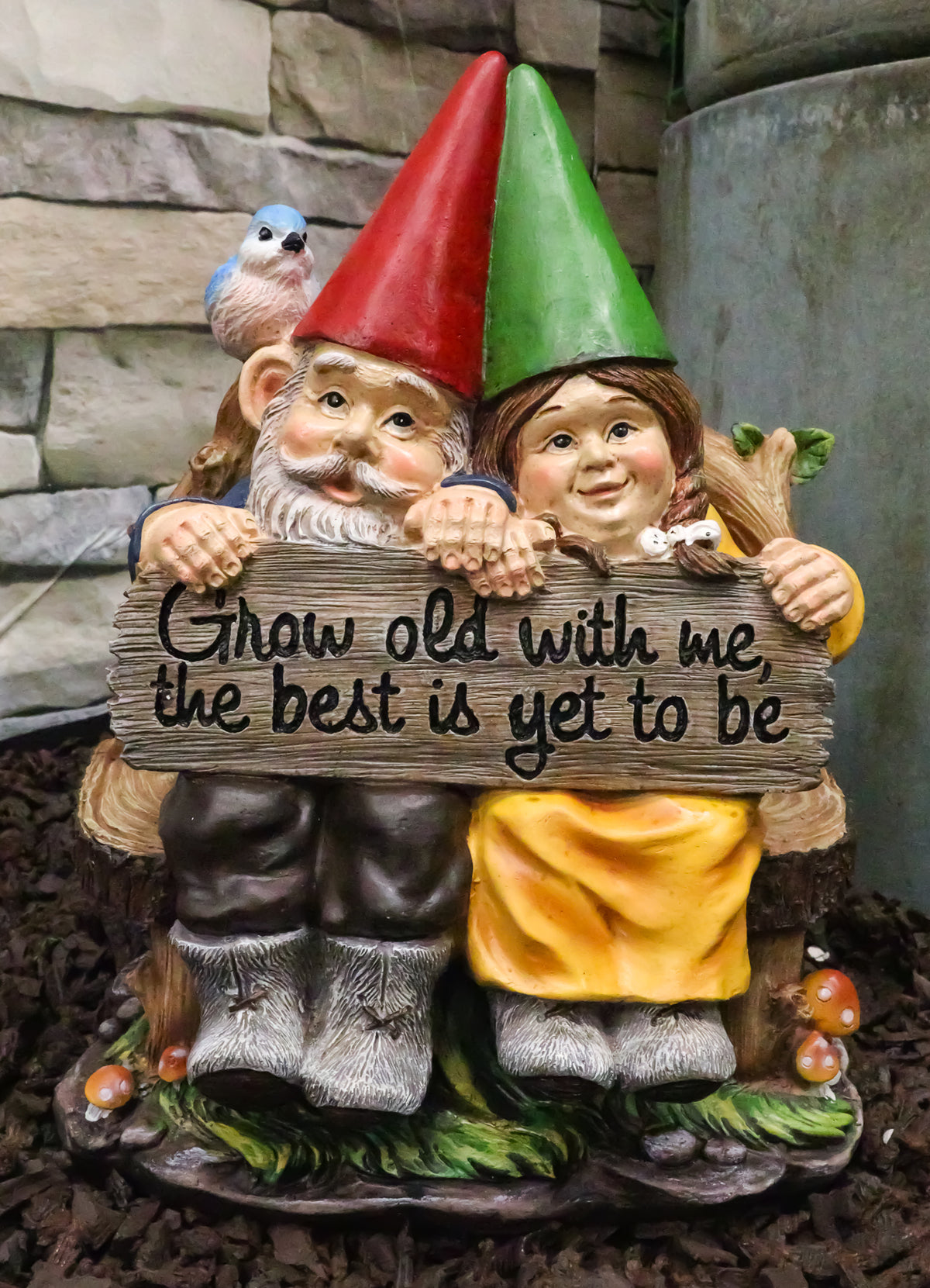 Ebros Gift Whimsical Mr & Mrs Gnome Sitting On Rustic Chair with Blue Bird Statue Grow Old with Me Guest Greeter Patio - Ebros Gift