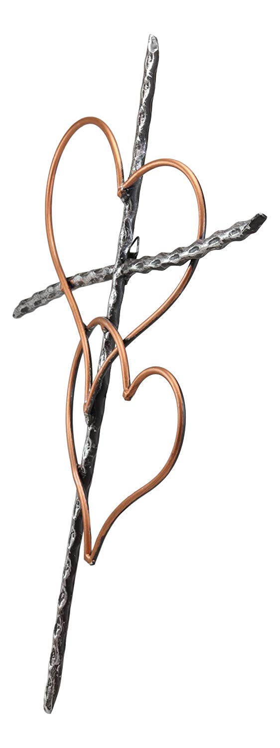 Ebros Metal Silver Rope Wire Sticks and 2 Golden Hearts of Love Wall Hanging Cross Decor Plaque Vintage Art Sculpture 19.75" Tall Catholic Christian Accent Decorative Crosses