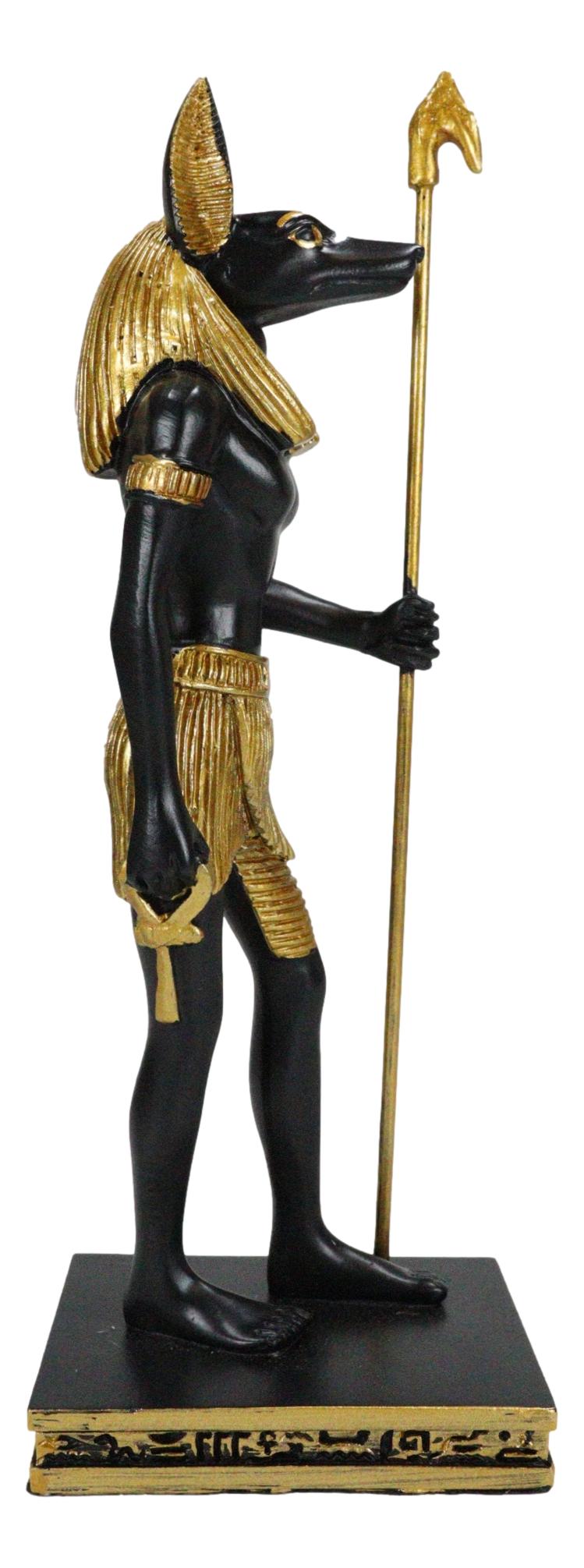 Egyptian God Anubis With Staff and Ankh Standing On Hieroglyphic Base Figurine