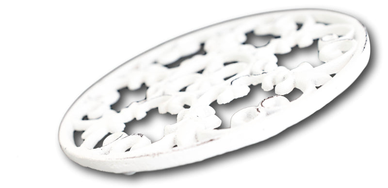 Rustic White Fleur De Lis Medallion In Snowflake Scroll Design Cast Iron Trivet