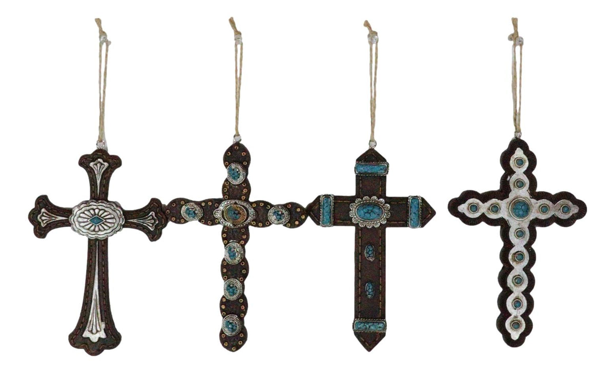Rustic Western Turquoise Faux Leather Crosses Set of 4 Christmas Tree Ornaments