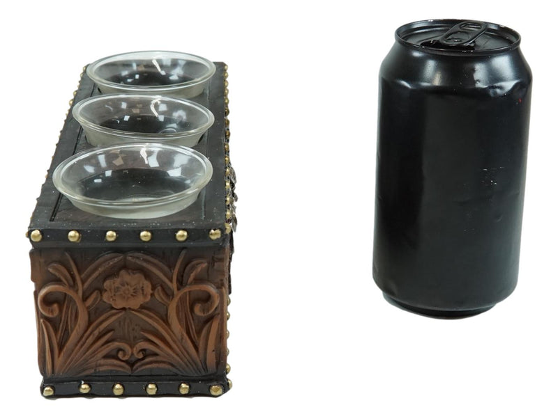 Rustic Western Cowboy Horses Floral Faux Tooled Leather 3 Votives Candle Holder