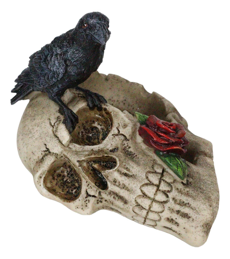 Gothic Raven Crow Perching On Rose Skull Cigarette Ashtray Jewelry Dish Figurine