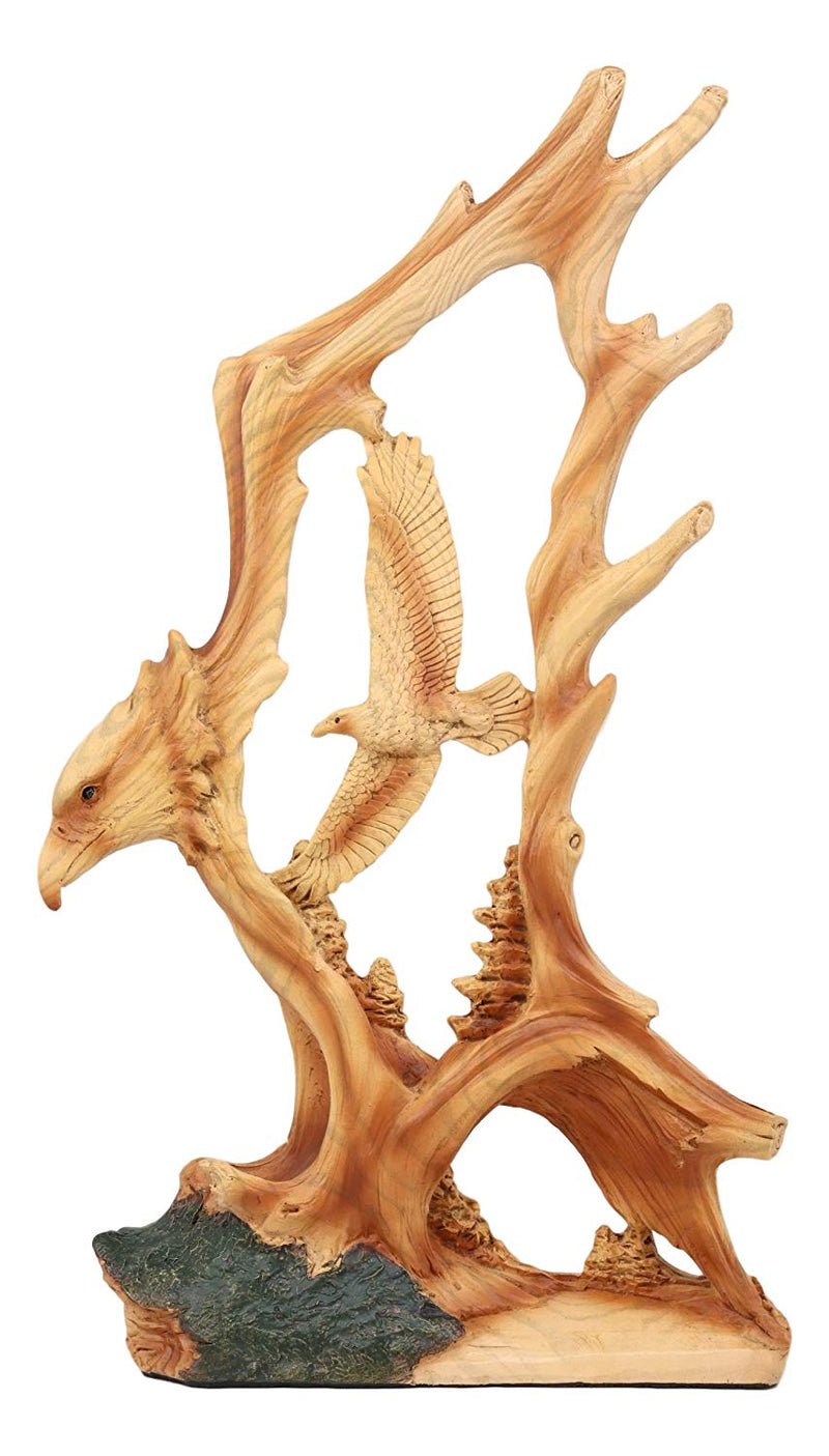 Ebros Rustic Faux Wood Carving Design Wildlife American Bald Eagle Landing Statue Wings of Glory Eagles As USA Patriotic Decor Sculpture for 4th of July Independence Day Figurine