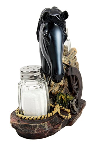 Ebros Western Decor Stallion Horse By Wagon Wheel Salt Pepper Shakers Holder Set 6.25"H (Black) - Ebros Gift