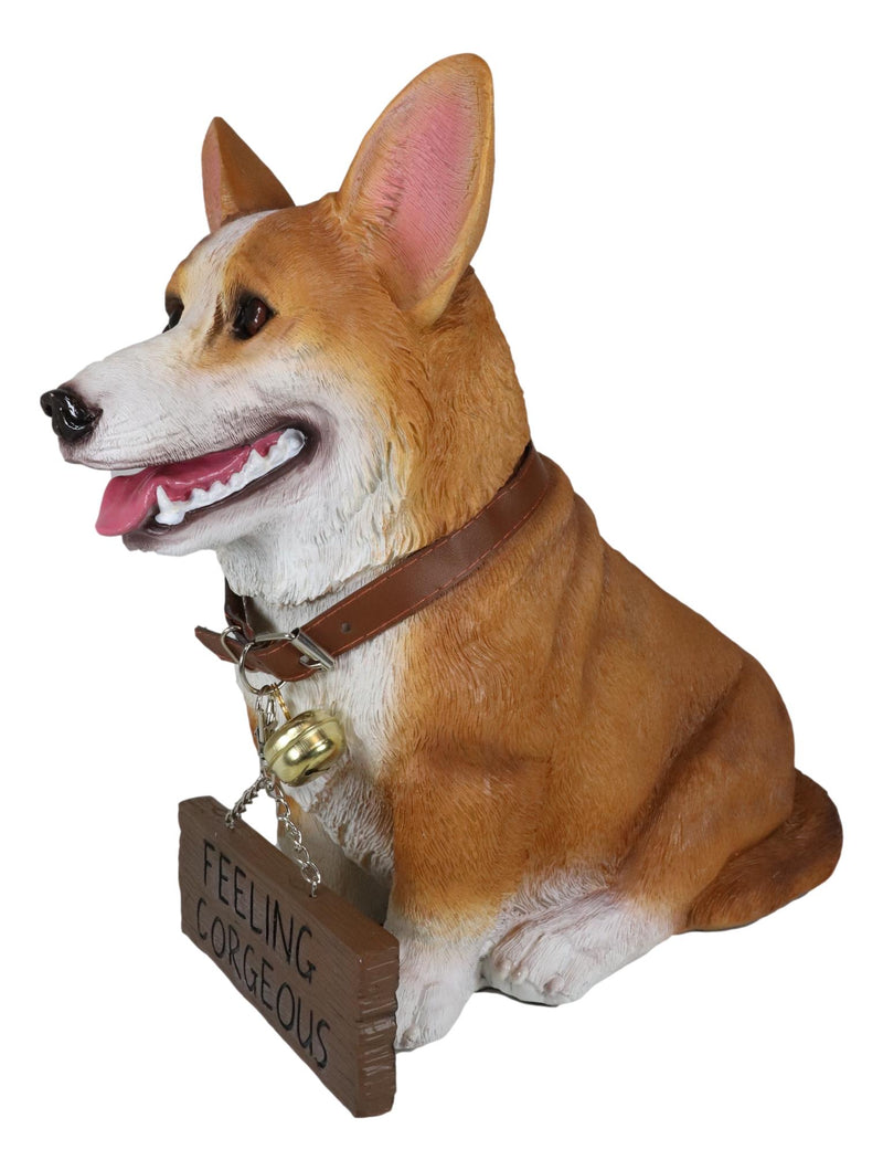 Ebros Realistic Pembroke Welsh Corgi Dog Statue 13"L With Jingle Collar Greeting Sign