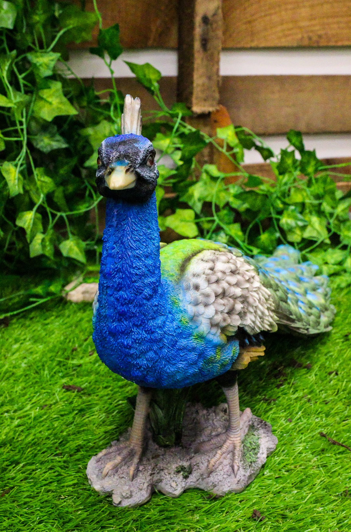 Elegant Iridescent Blue Peacock with Beautiful Train Feathers Decorative Statue