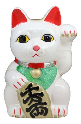 Japanese Lucky Charm White Beckoning Cat Maneki Neko Money Bank 8.5"H - Ebros Gift