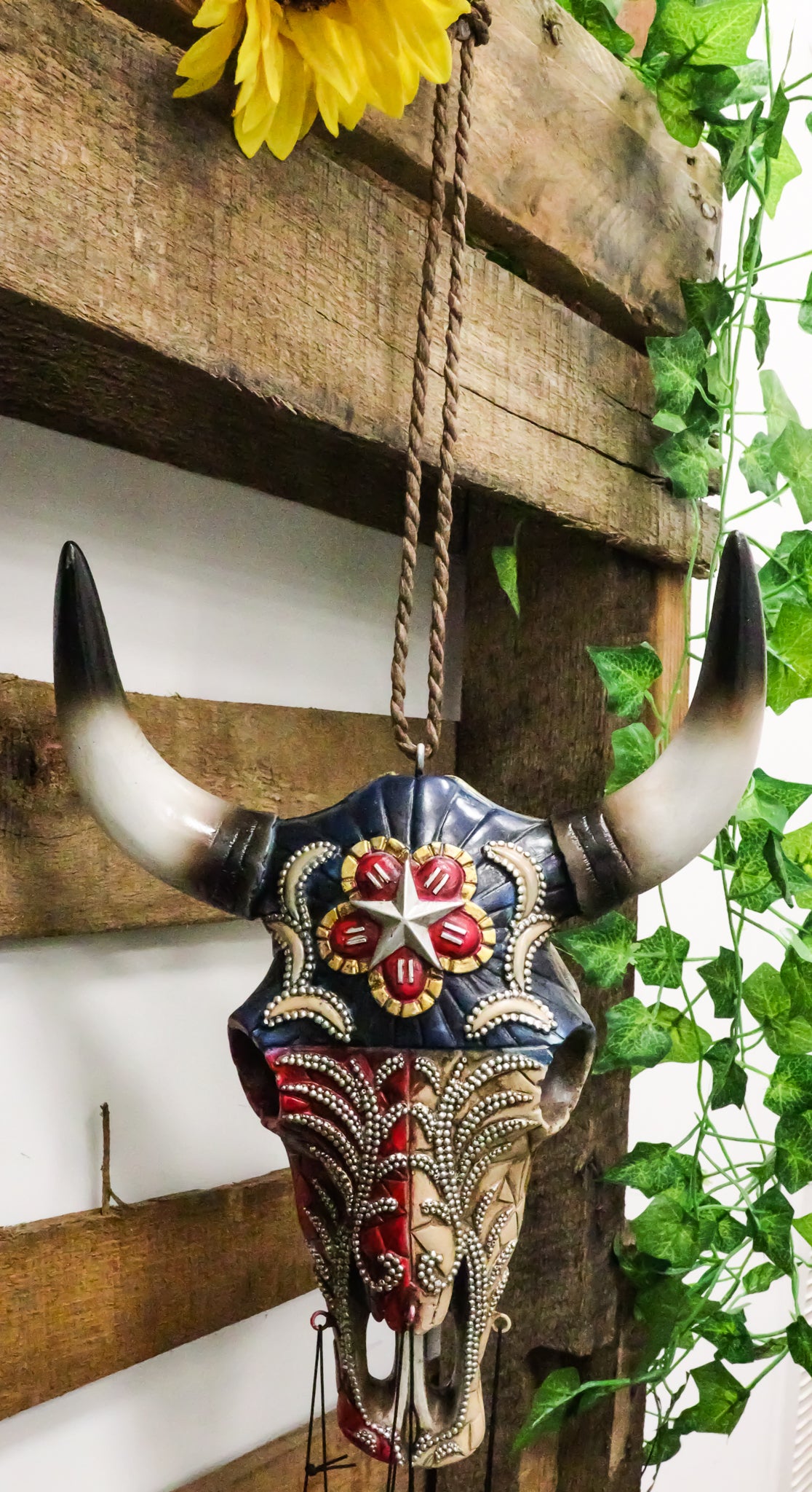 Rustic Western Star Colorful Texas Flag Floral Pattern Bull Cow Skull Wind Chime - Ebros Gift
