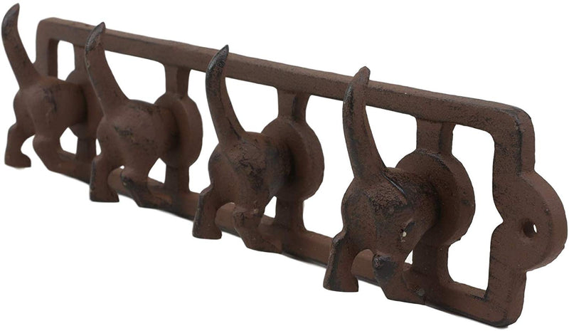 Ebros Cast Iron Whimsical Rustic Wagging Puppy Dog Tails 4 Pegs Quad Wall Hooks 13.75" Wide Hanger Dogs Themed Wall Mount Leash Coat Hat Keys Hook Decor Hanging Sculpture Plaque