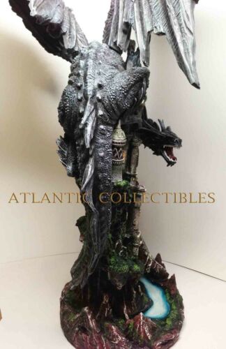 Ebros Large 23.5" Tall Black Dragon Guarding Castle Atop A Rocky Cliff Statue - Ebros Gift