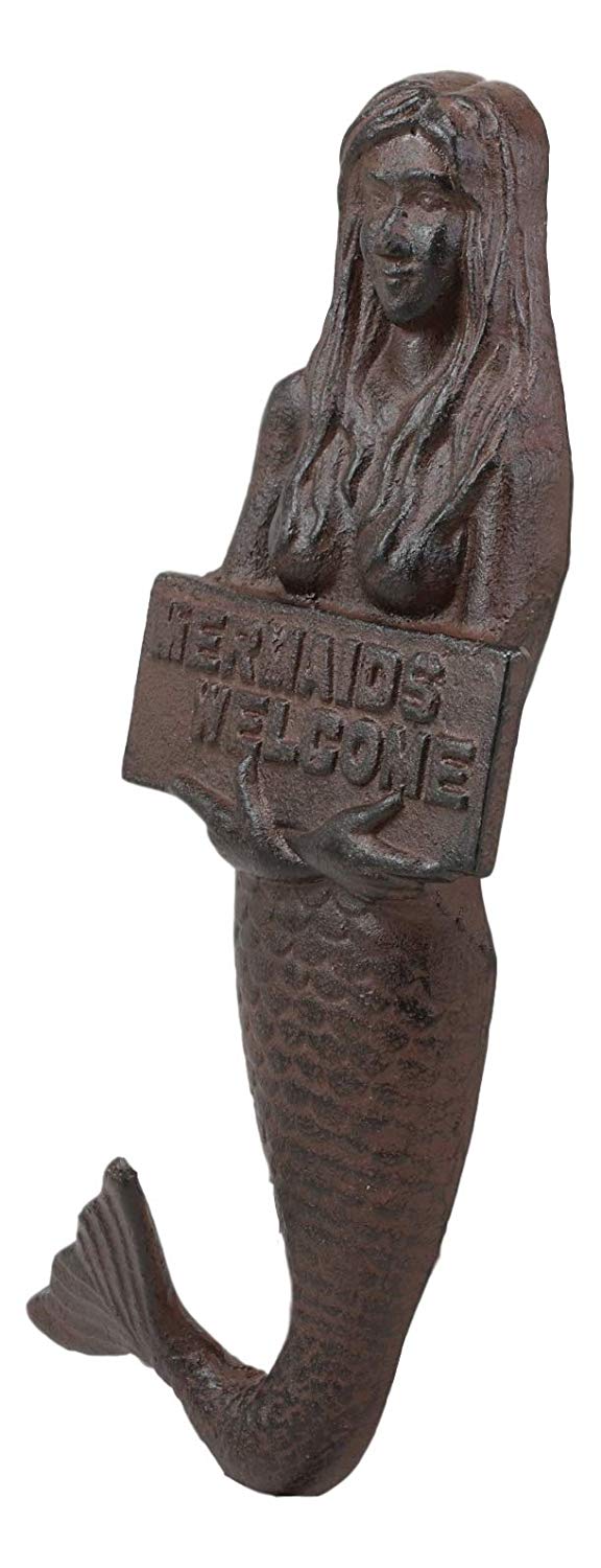 Ebros 12" Tall Cast Iron Mermaid Holding Mermaids Welcome Sign Wall Plaque - Ebros Gift
