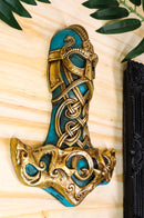 Ebros Turquoise Gold Colored Thor Hammer Viking God Thor's Mjolnir Wall Decor