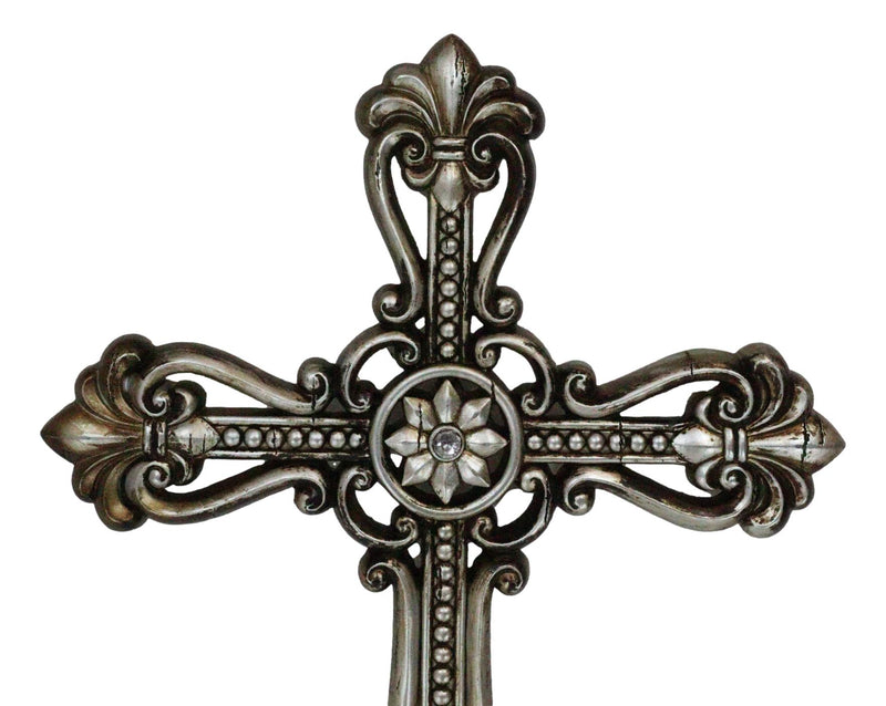 Western Rustic Silver Tuscany Scrollwork Fleur De Lis Decorative Wall Cross