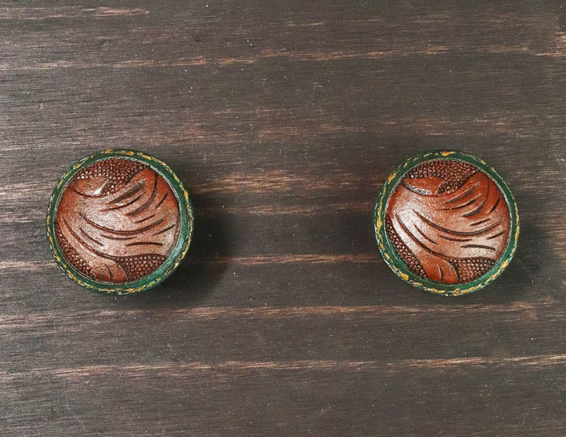 Set Of 6 Western Rustic Faux Tooled Leather Green Borders Cabinet Door Knobs