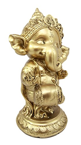 Hindu Elephant God Ritual Dancing Ganesha With Mridangam Drum Golden Statue 6"H