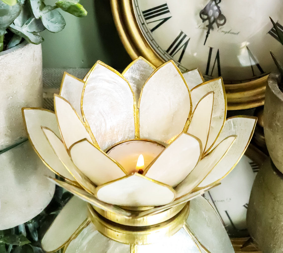 Ebros Seashells Lotus Flower Votive Tea Light Candle Holder 4.25"D (Pearl White)