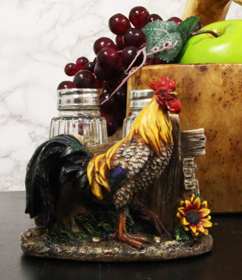 Ebros Proud Fowl Rooster Standing By Rustic Wooden Fence And Sunflower Glass Salt And Pepper Shakers Holder Display Stand Resin Figurine 4.75" Wide