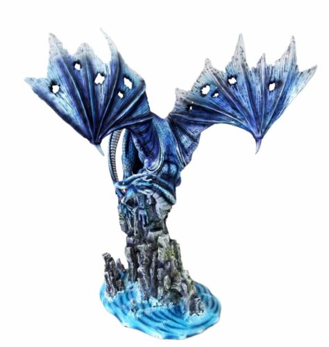 Large 18" Tall Typhoon Blue Dragon Perching On Sea Cliff Rocks Decorative Statue