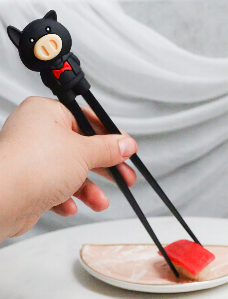 Black Porky Pig Reusable Training Chopsticks Set With Silicone Helper BPA Free