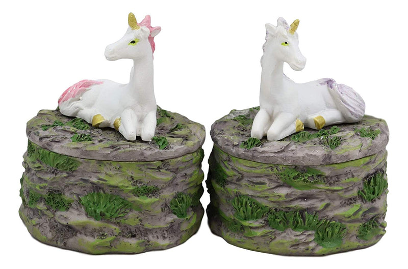 Ebros Pastel Blue And Pink Unicorns Sitting On Stone Garden Jewelry Box Figurines Set