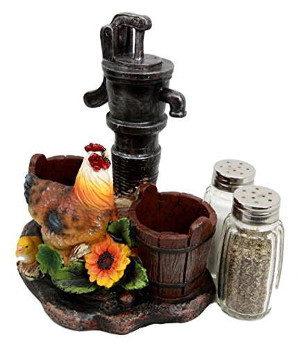 Farm Irrigation Well Pump Chicken Hen Salt Pepper Shakers Holder Figurine Set - Ebros Gift