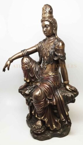 Ebros 16 Inch Water and Moon Kuan Yin Buddhist Bronze Finish Statue Figurine - Ebros Gift