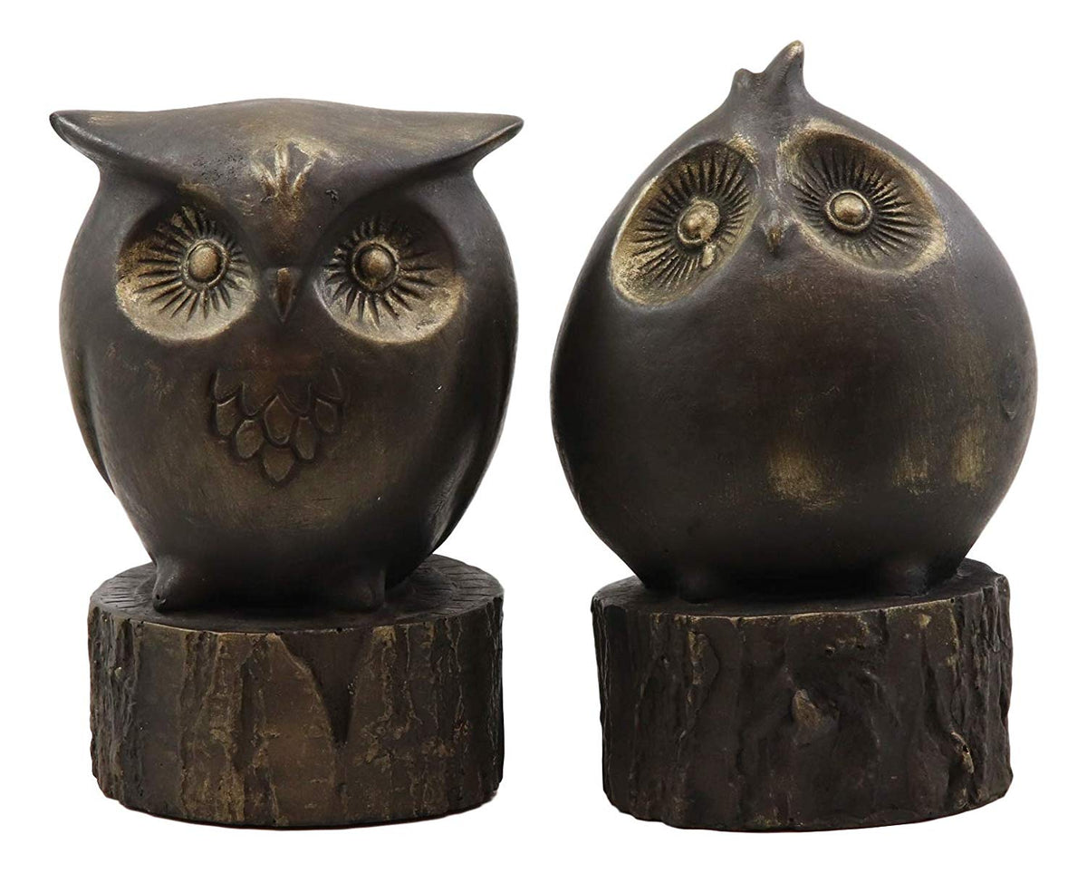 Ebros Gift Wisdom of The Forest Wide Eyed Fat Cupid Owls On Tree Stump Bookends Pair Set Statue Nocturnal Owl Birds Whimsical Decorative Accent for Library Shelves Desktops Countertops Mantelpiece - Ebros Gift