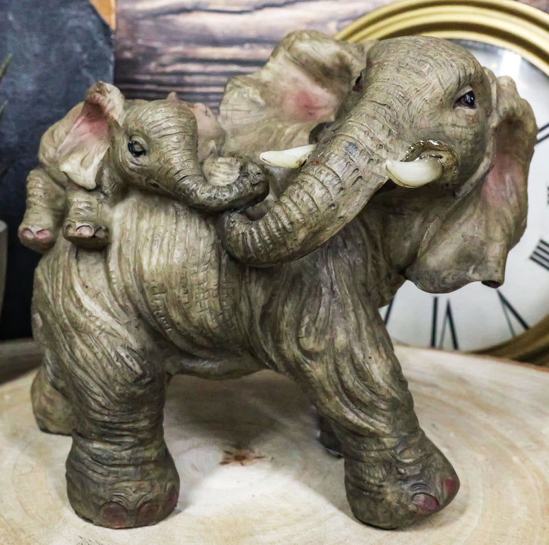Small Wildlife Elephant Father Piggybacking Playful Calf Figurine 5.25"L