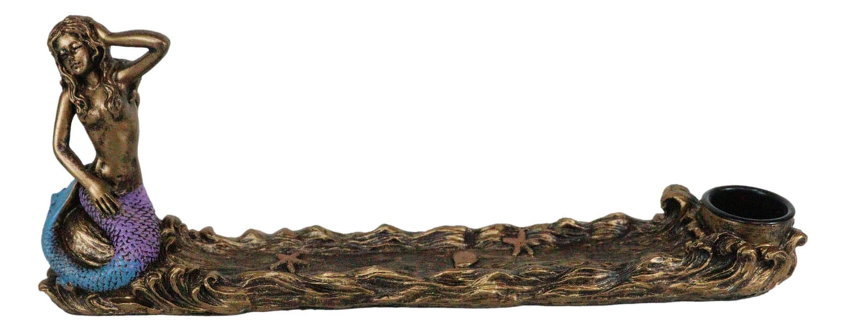 Coastal Sun Bathing Mermaid Over Ocean Waves Candle Holder Incense Burner