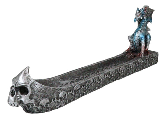 Blue Azureo Dragon On River Styx Boat of Skulls Incense Burner Holder Figurine