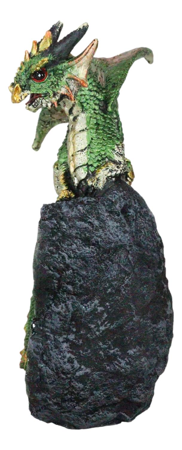 Metallic Green Iridescent Dragon On Faux Geode Rock Quartz Crystal Cove Figurine