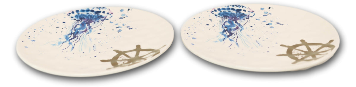 Nautical Marine Ocean Jellyfish Ship Helm Ceramic Round Dinner Plates Pack Of 2