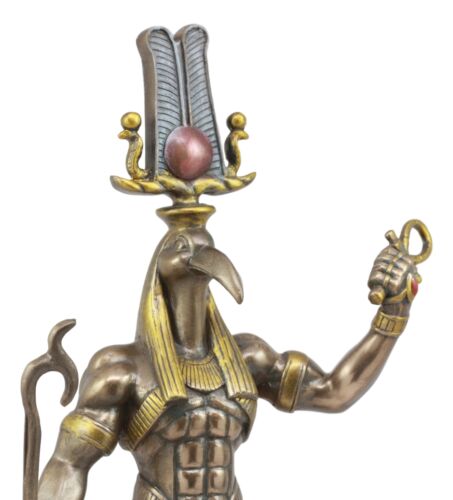 Bronzed Egyptian God Of Technology Ibis Headed Thoth Holding Was And Ankh Statue