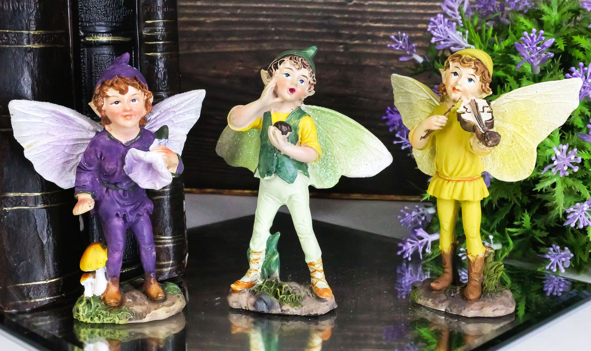 Ebros Set of 3 Fairy Garden Boy Fairies in Morning Violin Serenade Figurines 4"H - Ebros Gift
