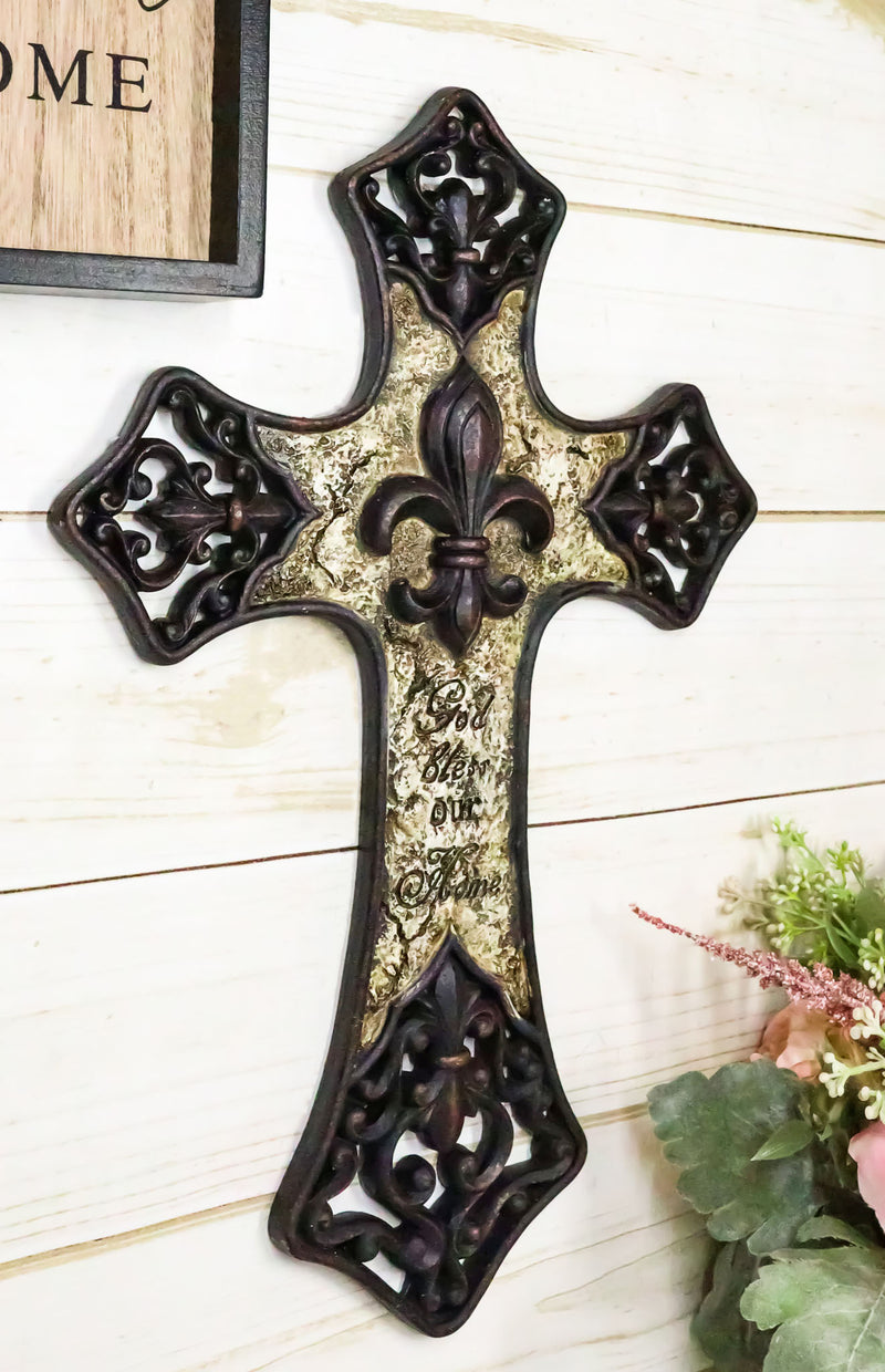 Rustic Southwestern Tuscany French Fleur De Lis God Bless Our Home Wall Cross